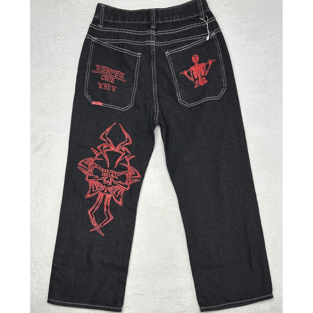 JNCO Jeans Mens Black Wide‎ Leg Graphic Embroidered Skater Pants 28x27
